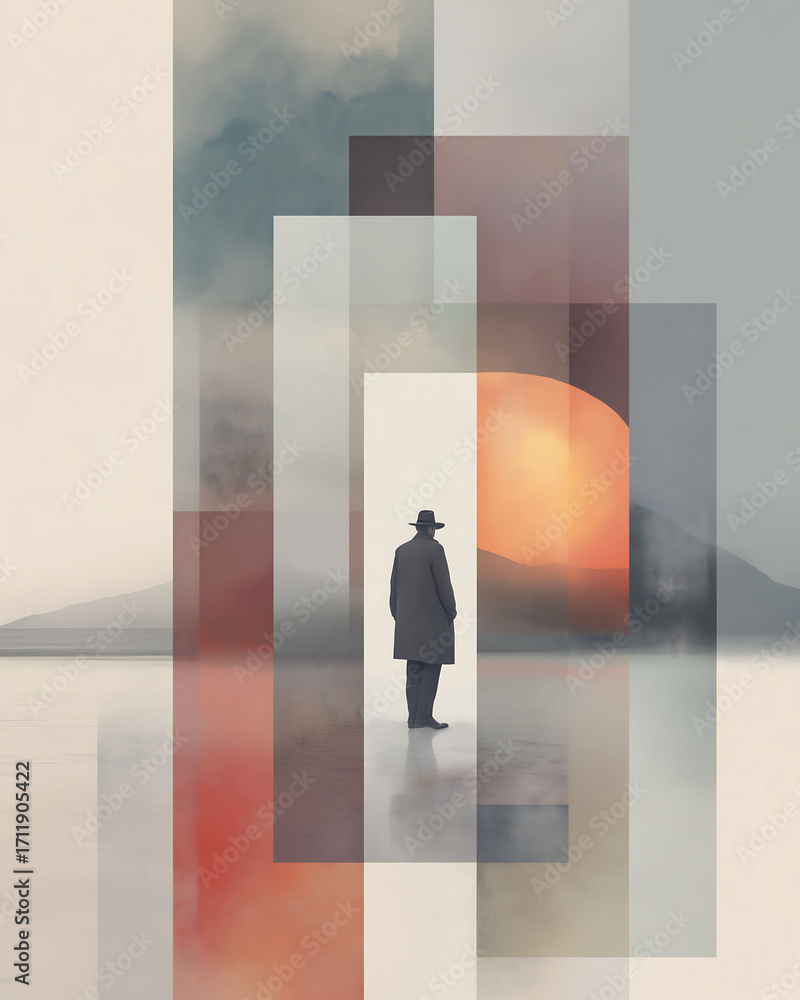 Obraz premium Surrealist art poster inspired by Salvador Dal?, featuring a person in dreamlike composition with gradients and muted tones. Suitable for modern wall art