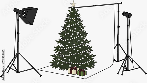 Studio Setup with Decorated Christmas Tree and Lighting Equipment for Holiday Photography or Illustration.
