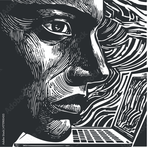A striking black and white illustration of a person focused on a laptop screen.