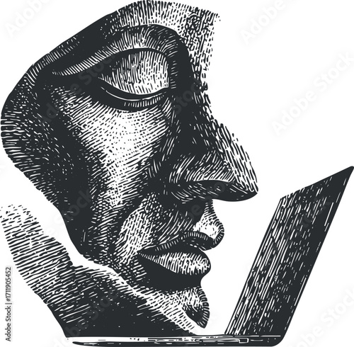 An abstract black and white illustration depicting a stylized human face and laptop.