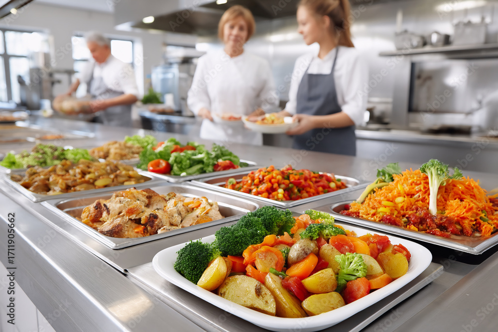 Obraz premium Streamlined cafeteria serving process, streamlined for quick student access, streamlined while keeping food hot