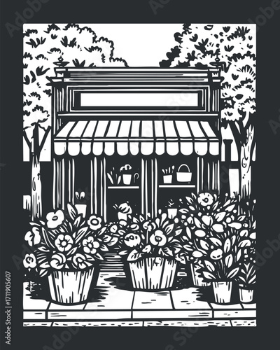 Charming illustration of a flower shop with blooming pots and a welcoming storefront.
