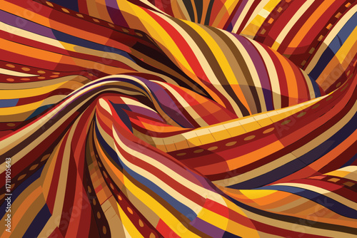 Vector art of vibrant and colorful striped fabric with a swirling pattern, creating a dynamic and eyecatching textile design