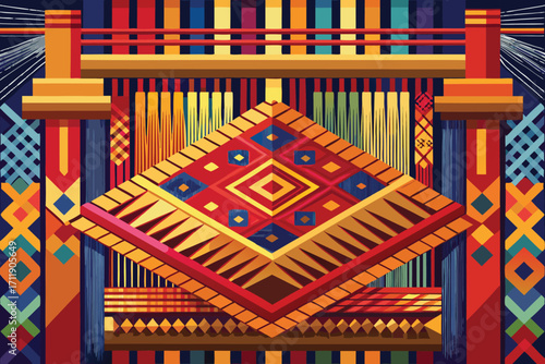 Vector art of colorful geometric pattern with a central diamond shape, creating a visually striking and modern textile design