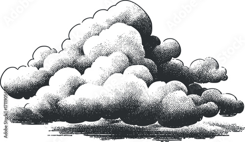 A detailed illustration of fluffy clouds in black and white, depicting atmospheric weather.
