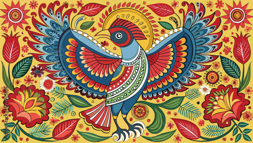 Vector art of colorful folk art illustration of a bird with floral elements, creating a whimsical and decorative design, (36).eps
