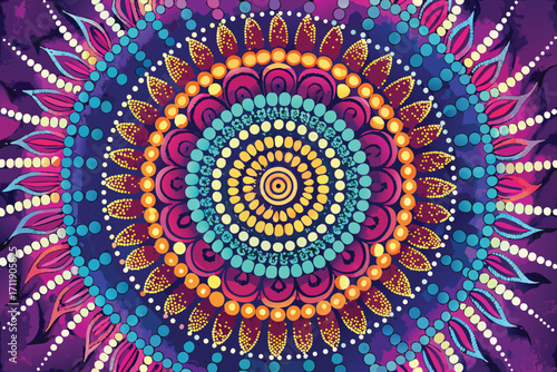 Vector art of vibrant dot painting mandala with intricate details and a mesmerizing circular design on a purple background