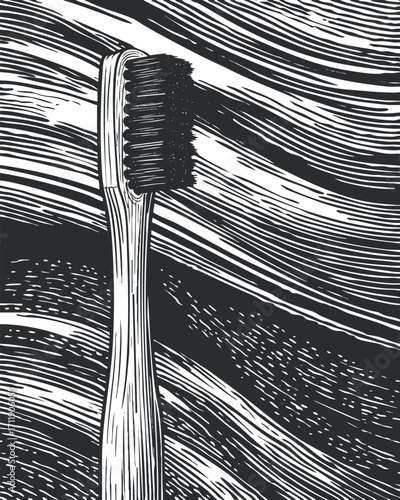 Illustration of a toothbrush on a textured wave background highlighting dental hygiene and care.