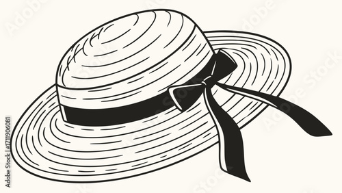 Summer Straw Hat with Bow Fashion Illustration Black and White Design Elegant Headwear Vector Graphic Vintage Style Clothing Accessory Hat Design Template.