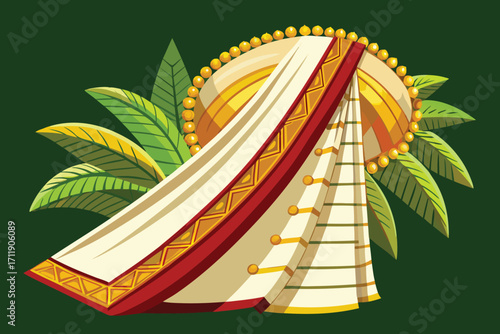 Vector art of elegant traditional turban with golden embellishments and a red border, adorned with lush green leaves behind it