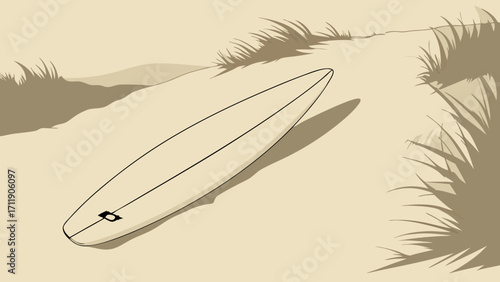 Surfboard on Sandy Beach Summer Vacation Beach Lifestyle Illustration Minimalist Design.