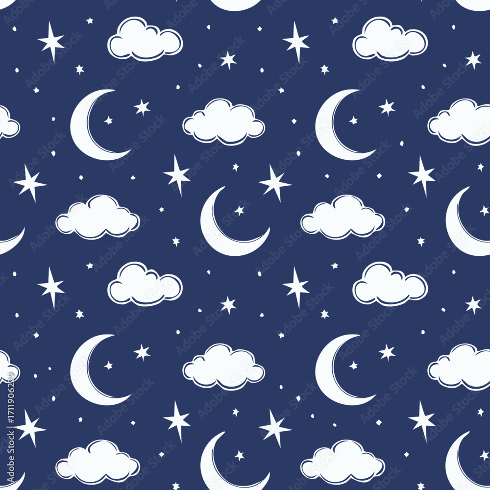 Fototapeta premium Night Sky Pattern with Moon Stars and Clouds