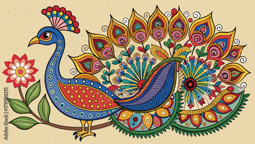 Vector art of an illustration of a colorful peacock with intricate patterns and vibrant colors on a beige background