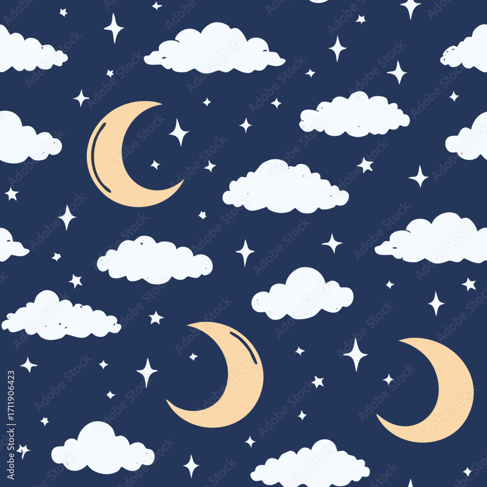 Fototapeta premium Night Sky Pattern with Moon Stars and Clouds