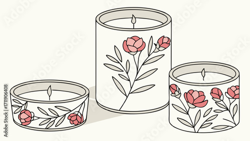 Three Scented Candles with Floral Design Home Decor Relaxation Spa Wellness Aromatic Cozy Atmosphere Romantic Setting Gift Birthday Anniversary Wedding Party Event Illustration Gra.