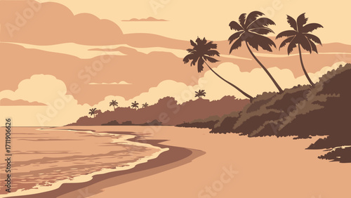 Tropical Beach Sunset Landscape Calm Ocean Waves Palm Trees Silhouette Sandy Shore Illustration.