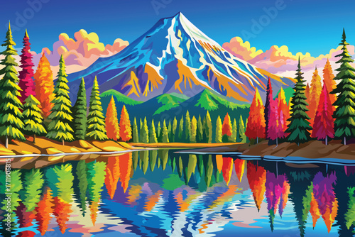 Vector art of colorful mountain landscape with vibrant trees and a serene lake reflecting the majestic peak, creating a picturesque scene