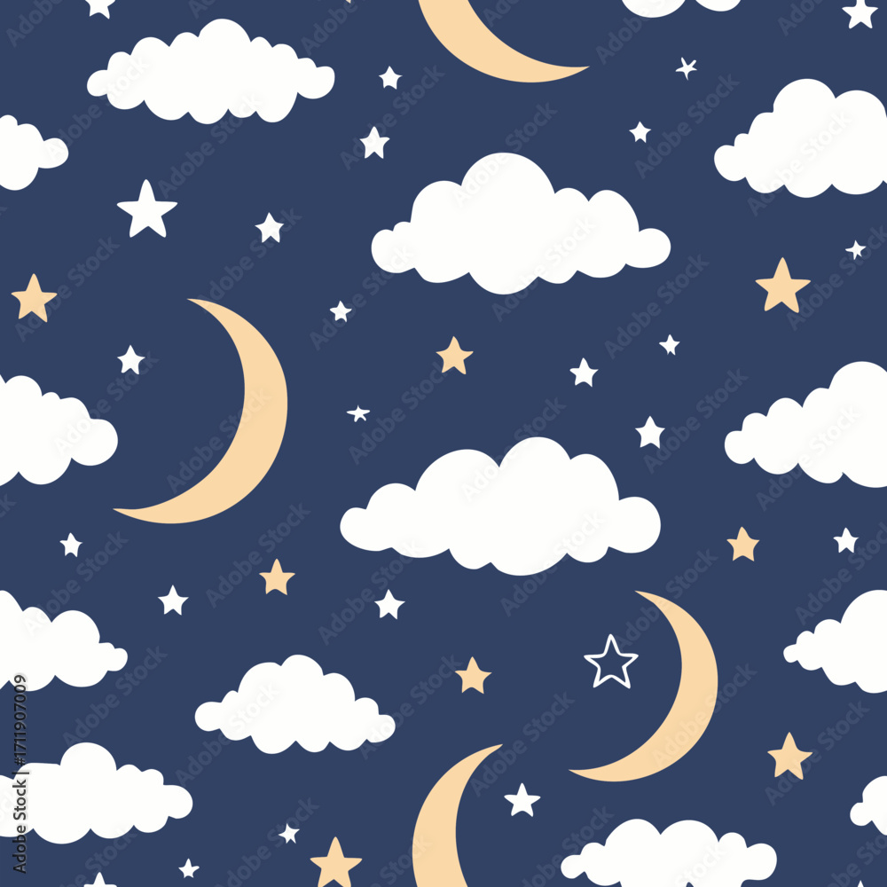 Fototapeta premium Night Sky Pattern with Moon Stars and Clouds