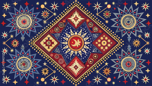 ajrak-star-and-moon-textile-Vector art of an intricate and colorful textile design with geometric and floral patterns and symmetrical arrangement