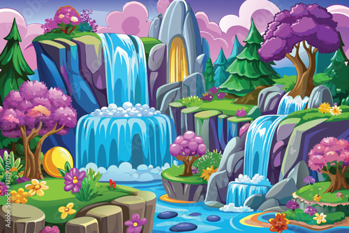 a-magical-waterfall-in-a-wonderfully-fantastic-Vector art of a vibrant pixel art landscape featuring cascading waterfalls, lush greenery, and fantastical flora and fauna