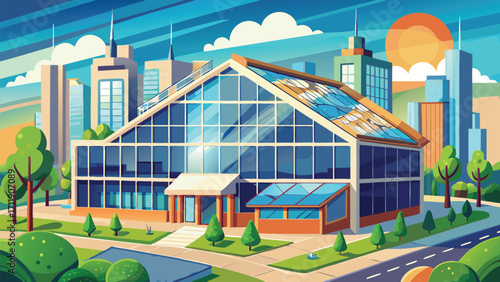 an-eco-friendly-office-building-with-modern-glass-.epsVector art of a modern pixel art cityscape featuring a glass building, lush greenery, and a bright sunny sky