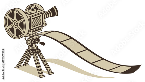 Vintage Movie Projector with Film Reel on Tripod Retro Cinema Equipment Illustration.
