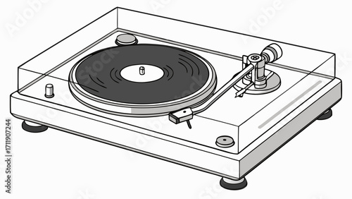 Vintage Turntable with Dust Cover Vinyl Record Player Retro Audio Equipment Music Illustration.