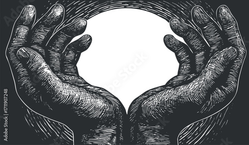 An artistic illustration of two open hands holding an empty circle in a creative design.