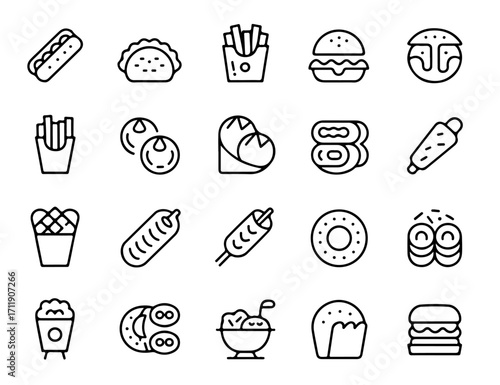 Street Food Outline Icon Set with Burgers, Tacos, Pizza, Noodles, Dumplings, Sushi, and Global Snacks