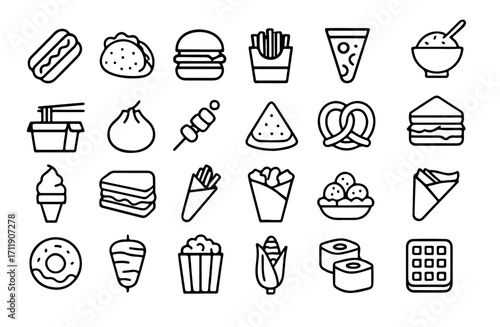 Street Food Icon Set Outline Vector Line Art Designs Featuring Global Snacks and Meals
