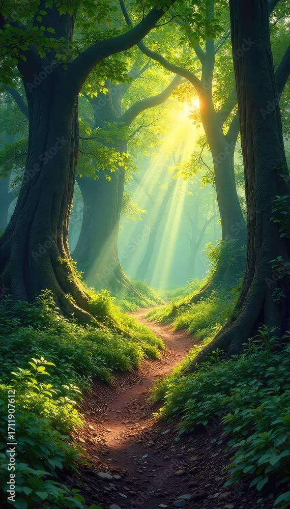 Fototapeta premium Sun-Dappled Path Through Ancient Forest A Magical, Serene Nature Scene Perfect for Adventure, Fantasy, and Nature Photography Projects.