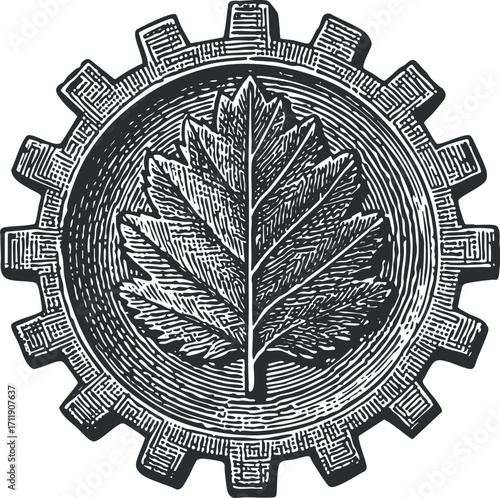 A vintage illustration of a leaf inside a gear symbolizing the fusion of nature and industry.