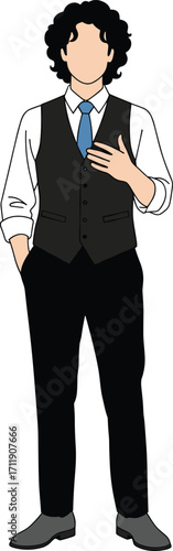 Formal Male Character in Vest and Tie Adjusting Outfit with Confident Pose Isolated on White Background for Fashion or Business Use