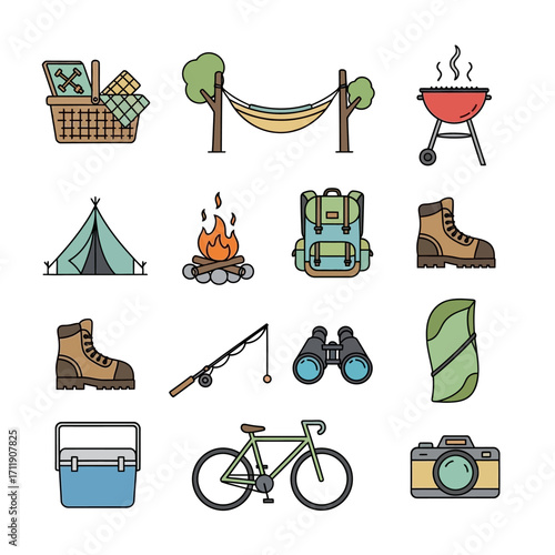Camping and Outdoor Adventure Icons - Picnic, Hammock, Grill, Tent, Fire, Backpack, Boots, Fishing Rod, Binoculars, Sleeping Bag, Cooler, Bicycle, Camera.