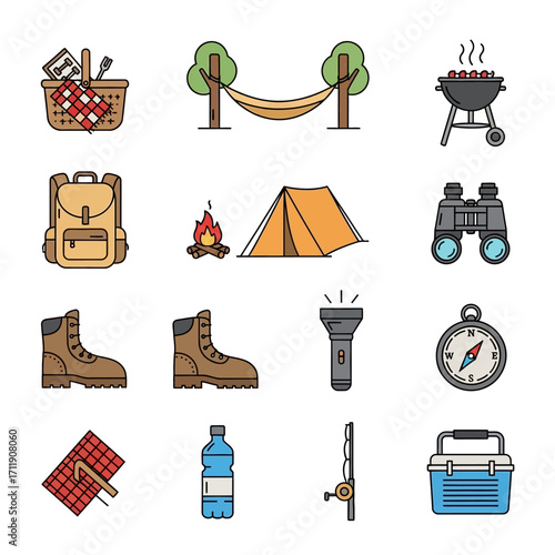 Camping and Outdoor Adventure Icons Set - Picnic, Hammock, Grill, Backpack, Tent, Binoculars.