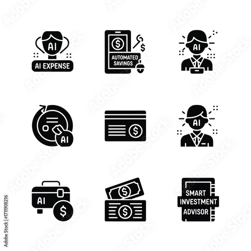 AI financial icons representing automation, expense tracking, smart savings, and investment advice for modern business concepts