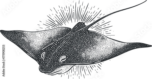 A detailed black and white illustration of a stingray swimming gracefully in the ocean.