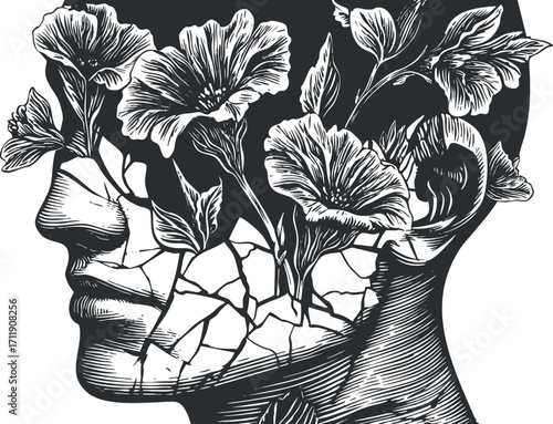 A conceptual illustration of a human face intertwined with flowers and cracked texture.