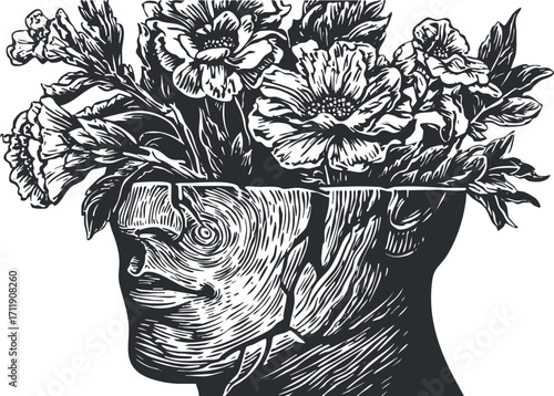 An artistic representation of a human head filled with vibrant flowers symbolizing creativity and growth.