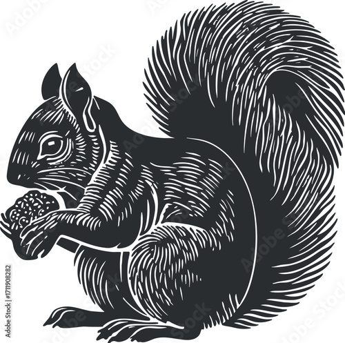 Illustration of a squirrel holding a nut in its paws, showcasing its fluffy tail and detailed features.