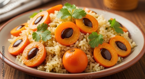 Close-up shot of a plate of rice topped with fresh apricot halves and cilantro.