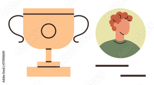 Large golden trophy next to individual portrait in minimalist style. Ideal for achievement, success, recognition, awards, personal growth, motivation, employee appreciation. Simple flat metaphor