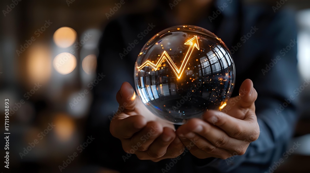 Fototapeta premium Glowing financial chart arrow in crystal ball held by business person hands against dark background with bokeh lights, representing market prediction concept.