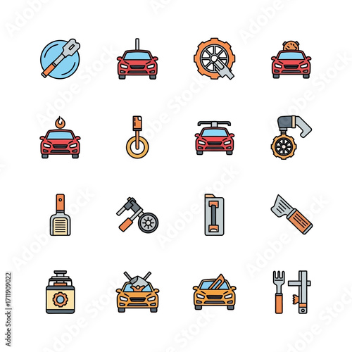Car Modification and Repair Icons Set - Automotive Customization and Maintenance.