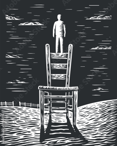 A surreal illustration of a man standing on a tall chair against a dramatic sky.