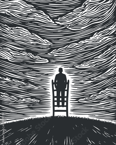 A silhouette of a person sitting on a chair against a dynamic cloud-filled sky.