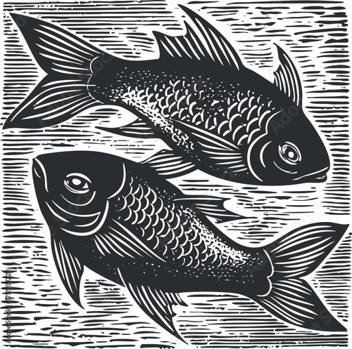Stylized black and white illustration of two fish swimming in a decorative design.