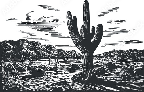 A dramatic black and white illustration of a cactus in a desert landscape at sunset.