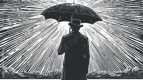A silhouette of a man holding an umbrella against dramatic rays of sunlight.
