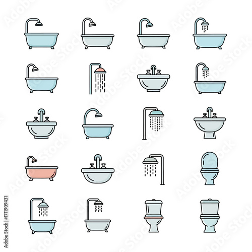 Collection of Bathroom Fixtures - Bathtubs, Showers, Sinks, and Toilets.
